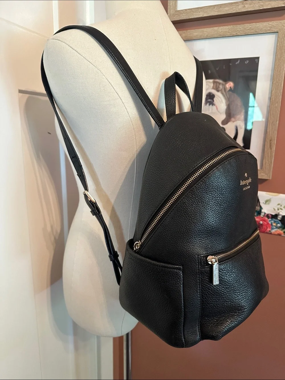 kate spade Leila Dome Black Pebbled Leather Gold Hardware zipper backpack